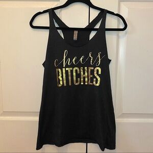 CHEERS BITCHES Black Racer Back Tank Top, Gold Writing, Bachelorette Party Tank